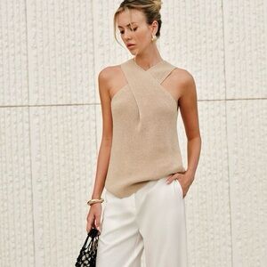 Commense Beige Cross-Front Knit Top